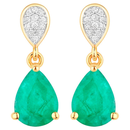 Zambian Emerald Teardrop Earrings Diamonds 2.2 Carats 14K Yellow Gold