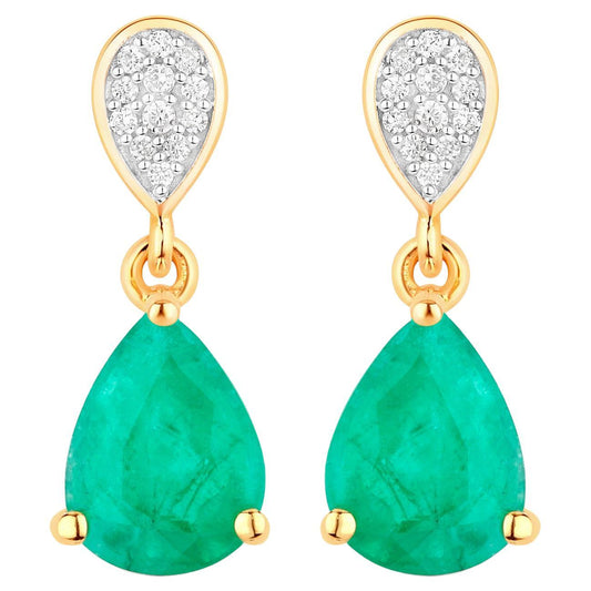 Zambian Emerald Teardrop Earrings Diamonds 2.2 Carats 14K Yellow Gold