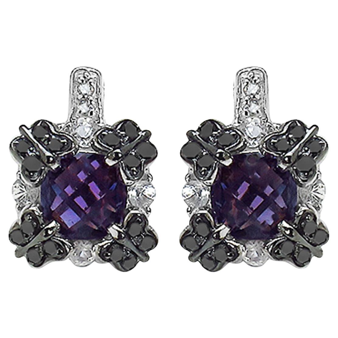 Amethyst Sapphire Black Diamond Stud Earrings 2.6 Carats Silver