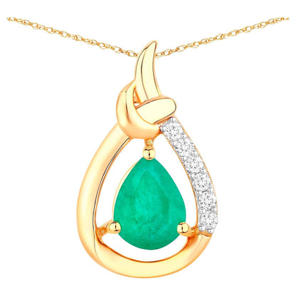 Zambian Emerald Pendant Necklace Diamonds 1.19 Carats 10K Yellow Gold