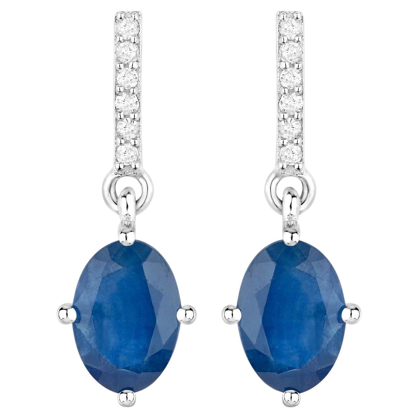 Natural Sapphire Dangle Earrings With Diamonds 1.92 Carats 10K White Gold