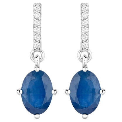Natural Sapphire Dangle Earrings With Diamonds 1.92 Carats 10K White Gold