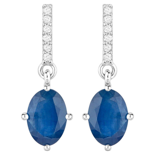 Natural Sapphire Dangle Earrings With Diamonds 1.92 Carats 10K White Gold