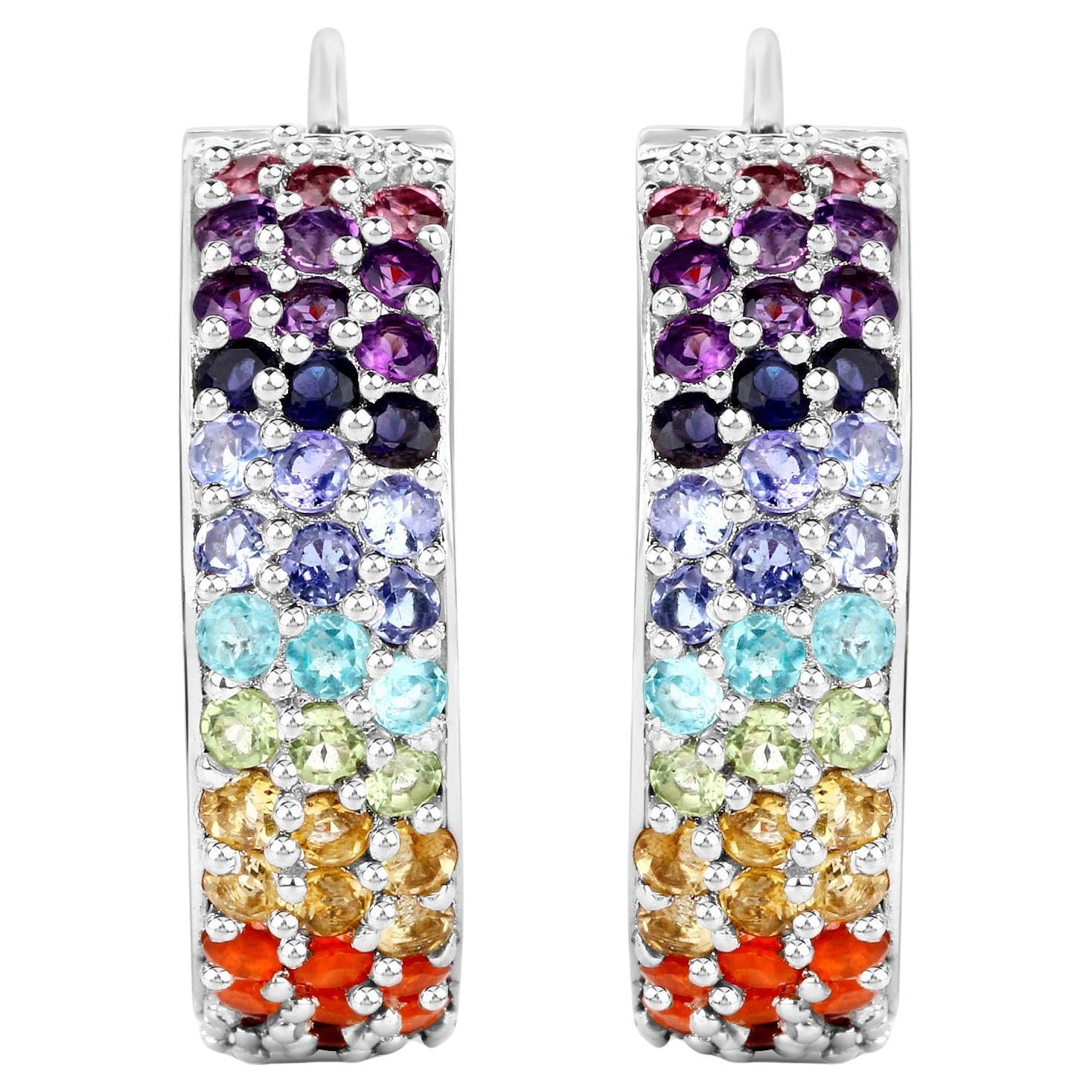 Multicolored Gemstones Cluster Earrings 8.8 Carats 18K White Gold Plated Silver