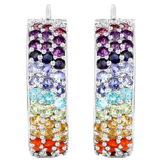 Multicolored Gemstones Cluster Earrings 8.8 Carats 18K White Gold Plated Silver