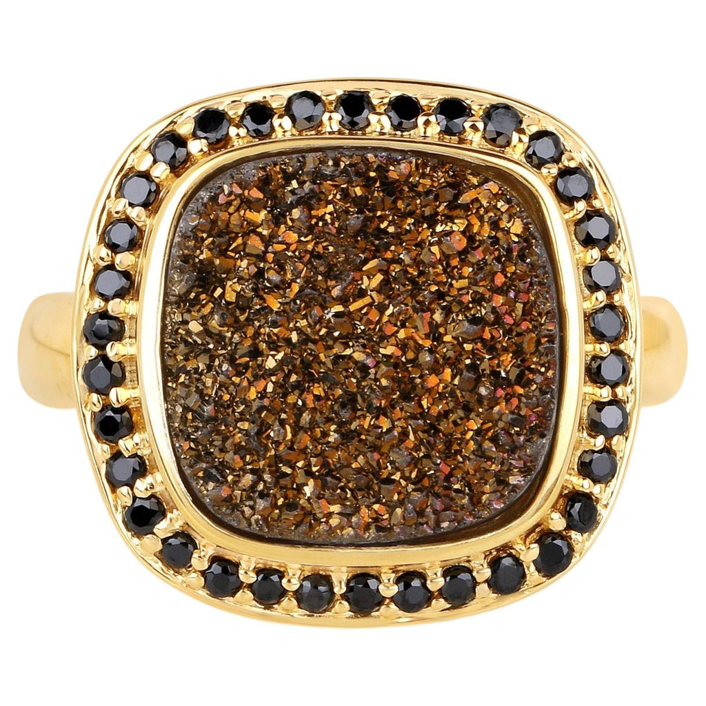 Drusy Quartz Ring With Black Spinel 6.16 Carats Gold Plated Silver