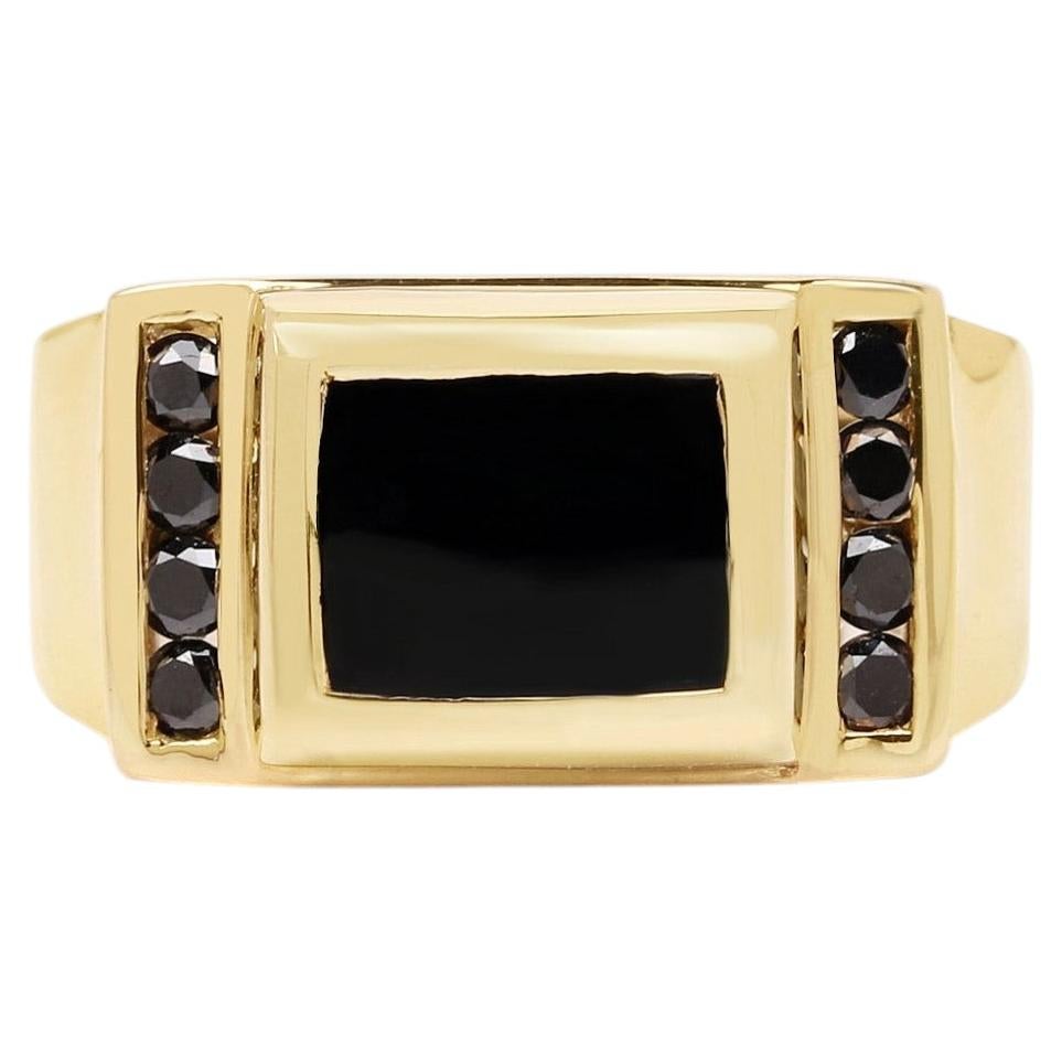 Black Onyx Ring With Black Diamonds 2.1 Carats Gold Plated Silver