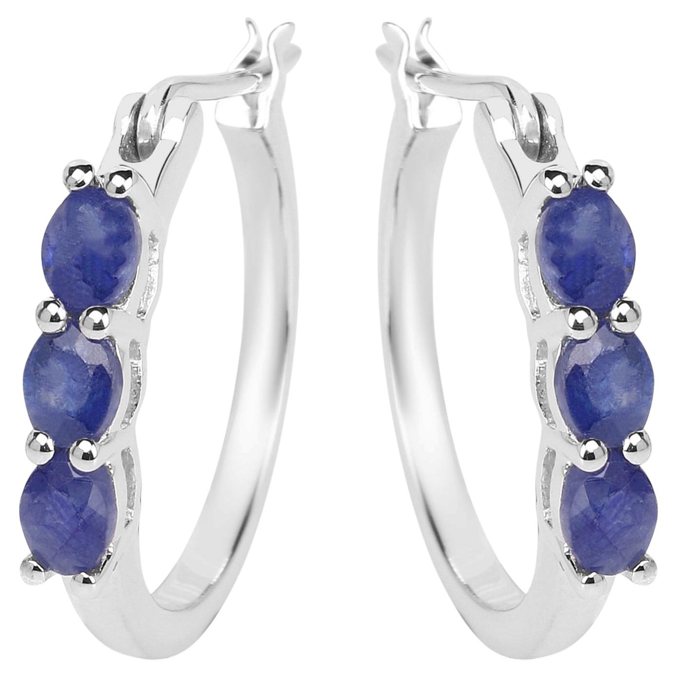 Natural Sapphire Hoop Earrings 1.3 Carats Sterling Silver
