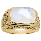 White Rainbow Moonstone Ring With White Topaz 8.02 Carats Gold Plated Silver