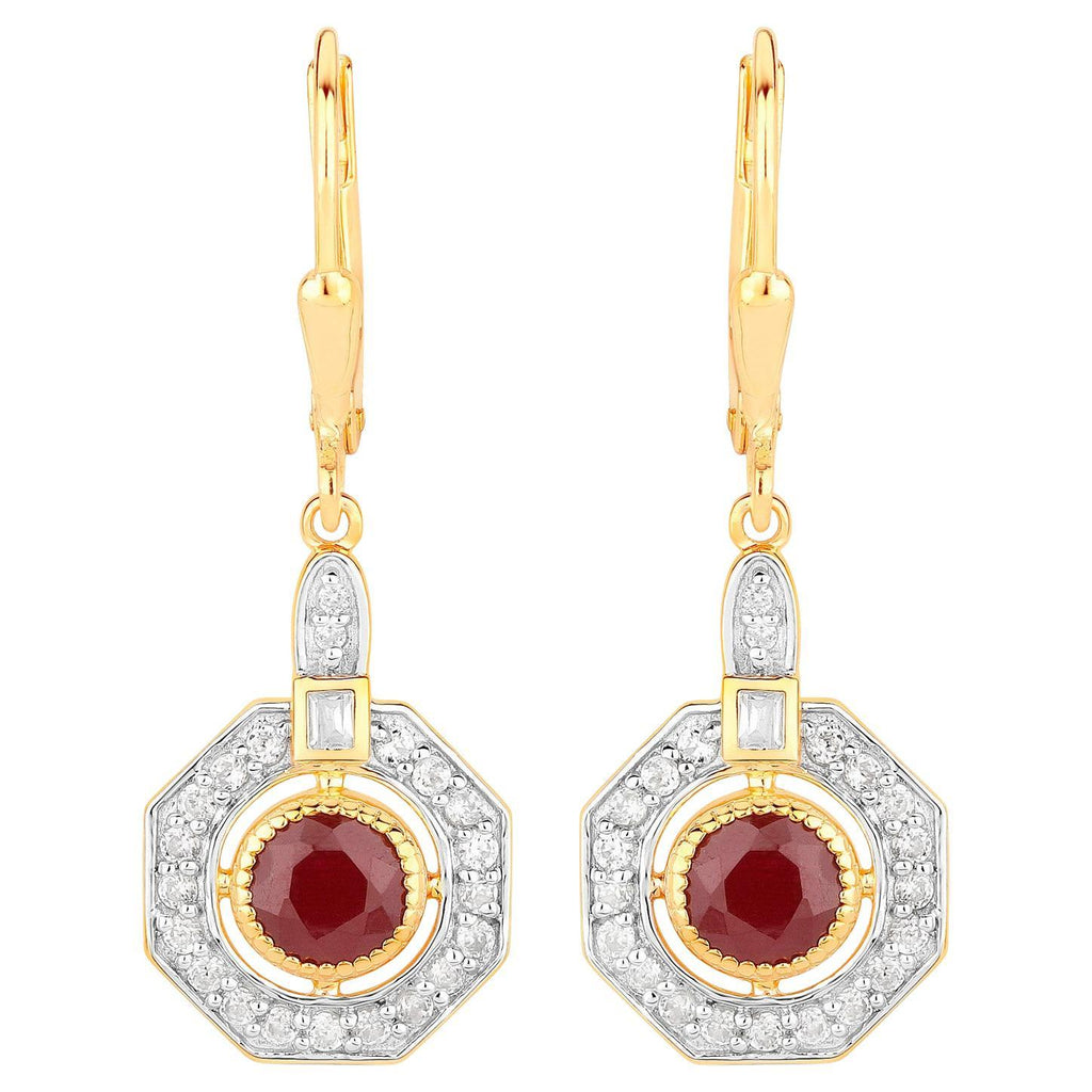 Ruby Dangle Earrings 1.7 Carats 18K Yellow Gold Plated Silver