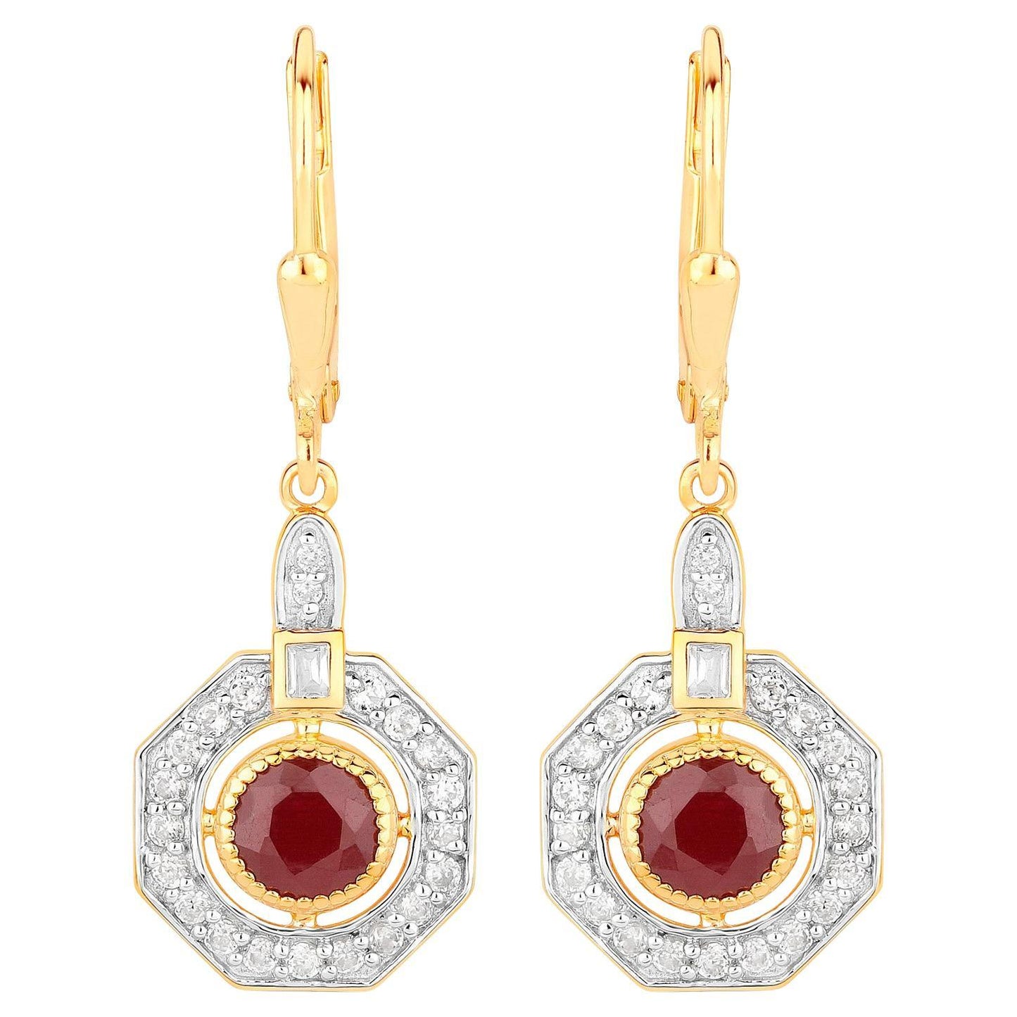 Ruby Dangle Earrings 1.7 Carats 18K Yellow Gold Plated Silver