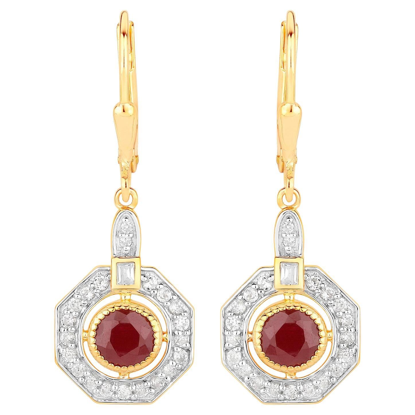 Ruby Dangle Earrings 1.7 Carats 18K Yellow Gold Plated Silver