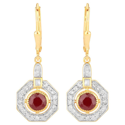 Ruby Dangle Earrings 1.7 Carats 18K Yellow Gold Plated Silver