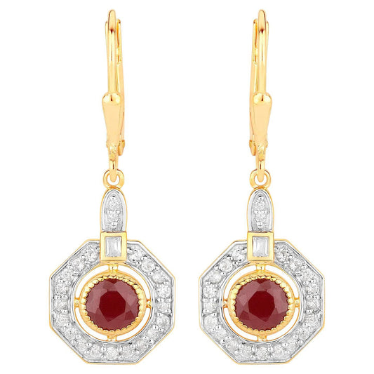 Ruby Dangle Earrings 1.7 Carats 18K Yellow Gold Plated Silver