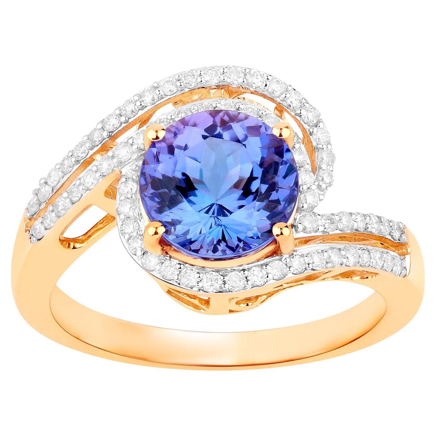 Tanzanite Bypass Ring Round Cut 2.8 Carats 14K Yellow Gold