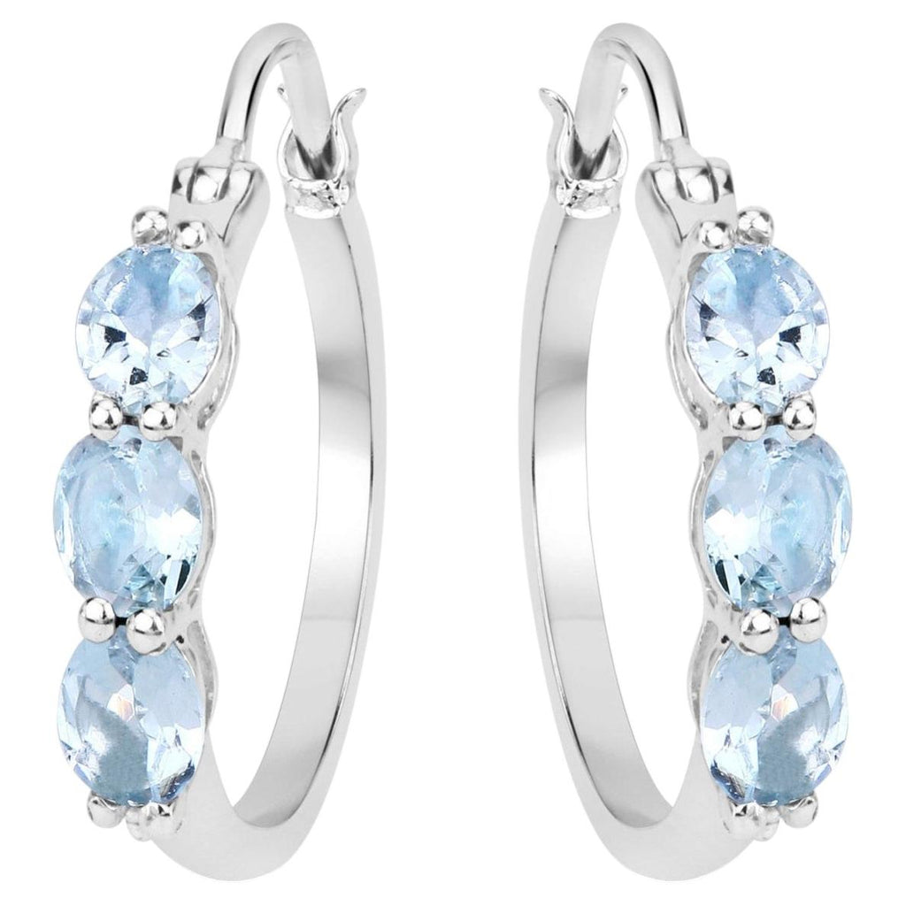 Aquamarine Hoop Earrings With Diamonds 1.73 Carats Sterling Silver