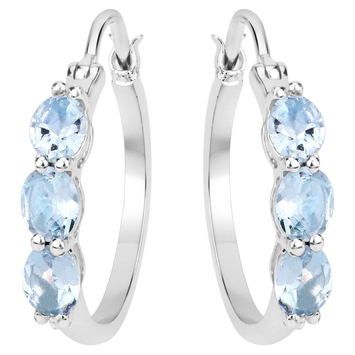Aquamarine Hoop Earrings With Diamonds 1.73 Carats Sterling Silver