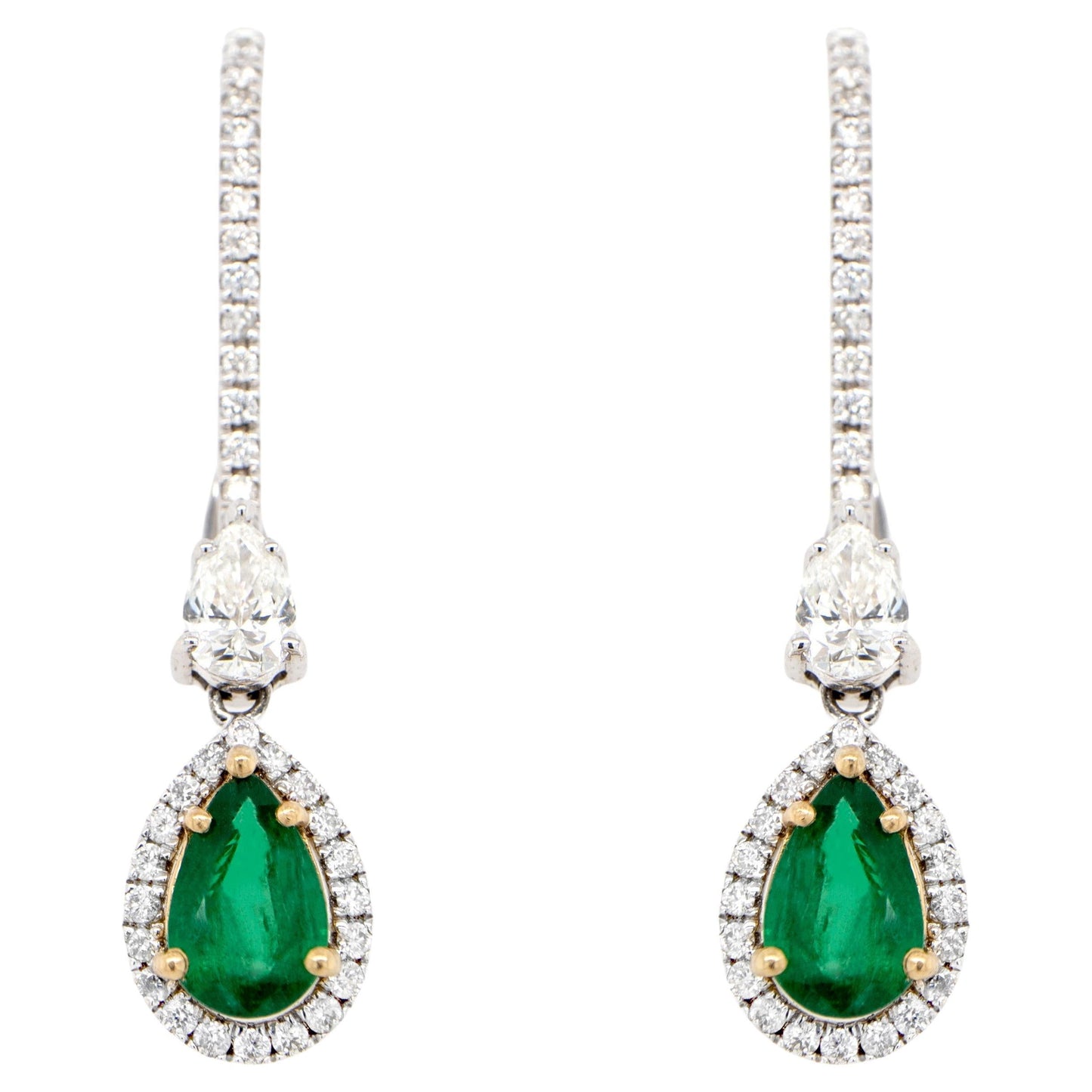 Pear Cut Emerald Dangle Earrings Set with Diamonds 4.64 Carats 18K Gold