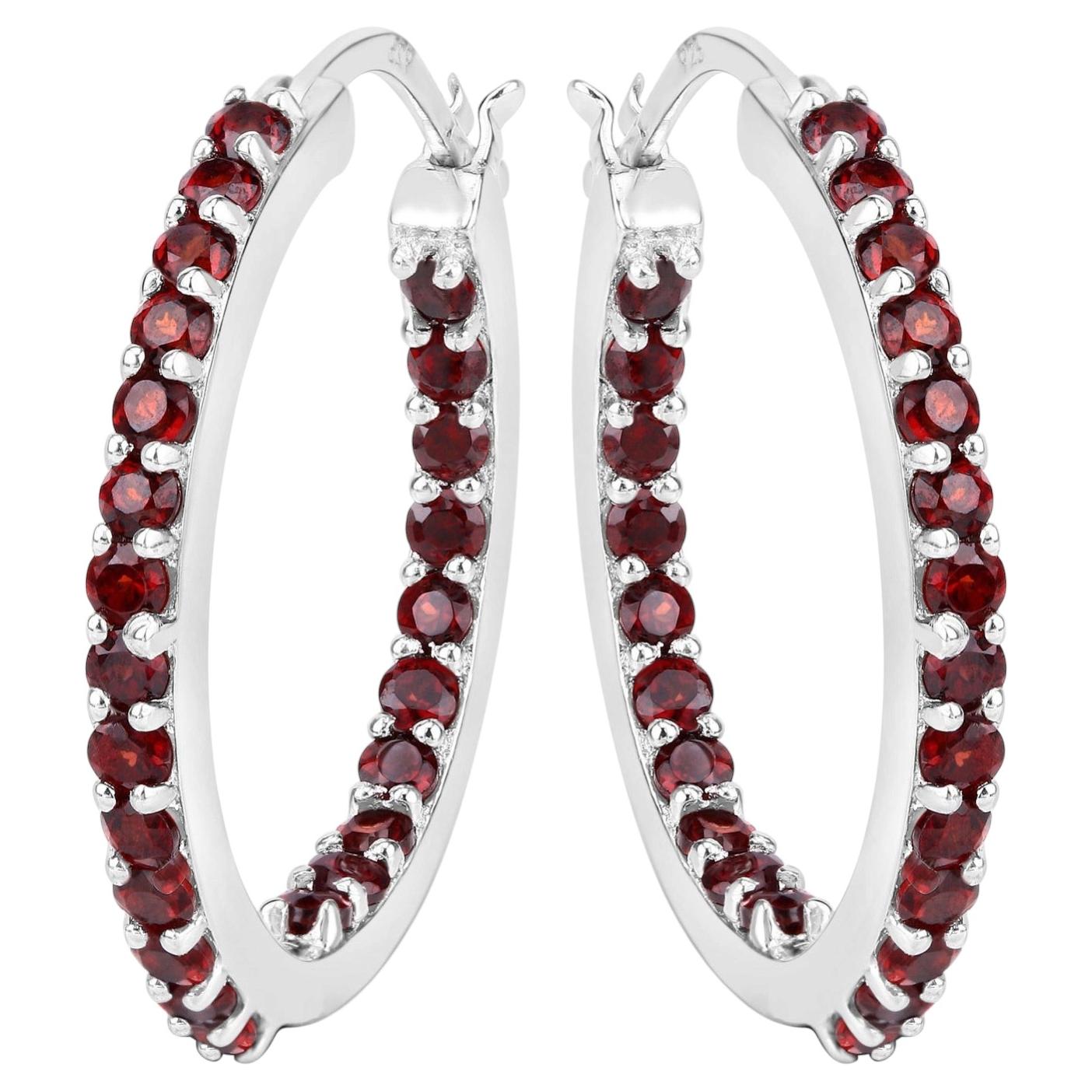 Garnet Hoop Earrings 1.9 Carats Sterling Silver