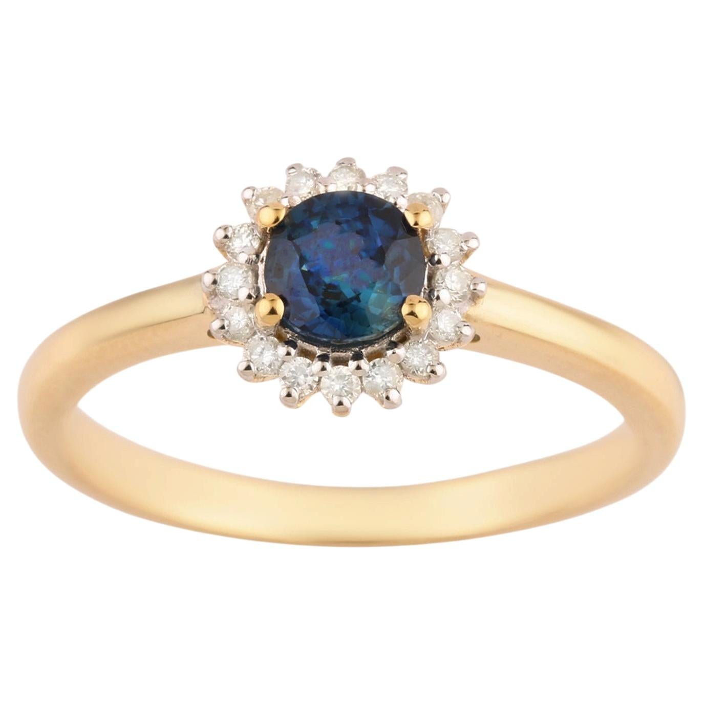 Natural Ceylon Blue Sapphire Ring With Diamonds 0.77 Carats 9K Yellow Gold