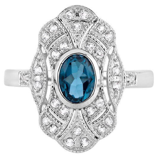 London Blue Topaz Ring With White Topaz 1.28 Carats Sterling Silver