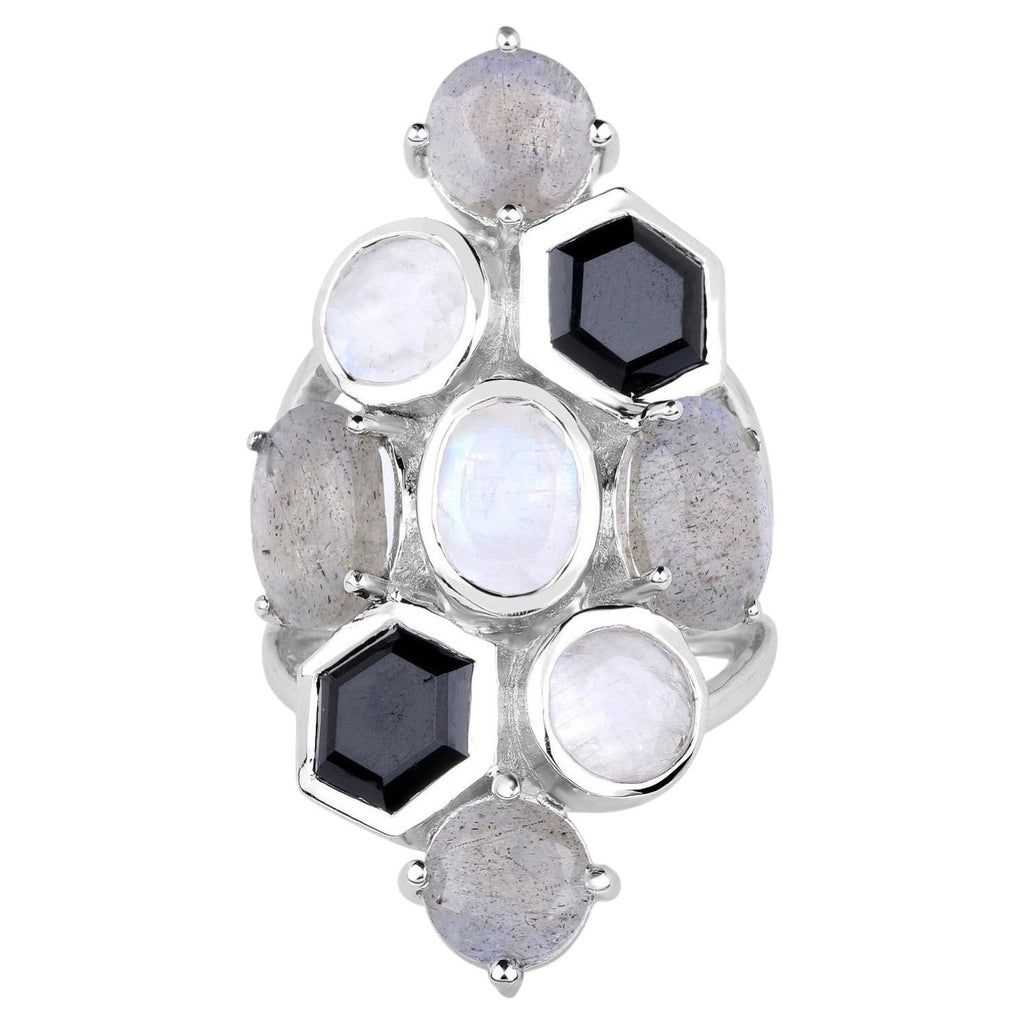 White Rainbow Moonstone Ring Labradorite 10.2 Carats Sterling Silver