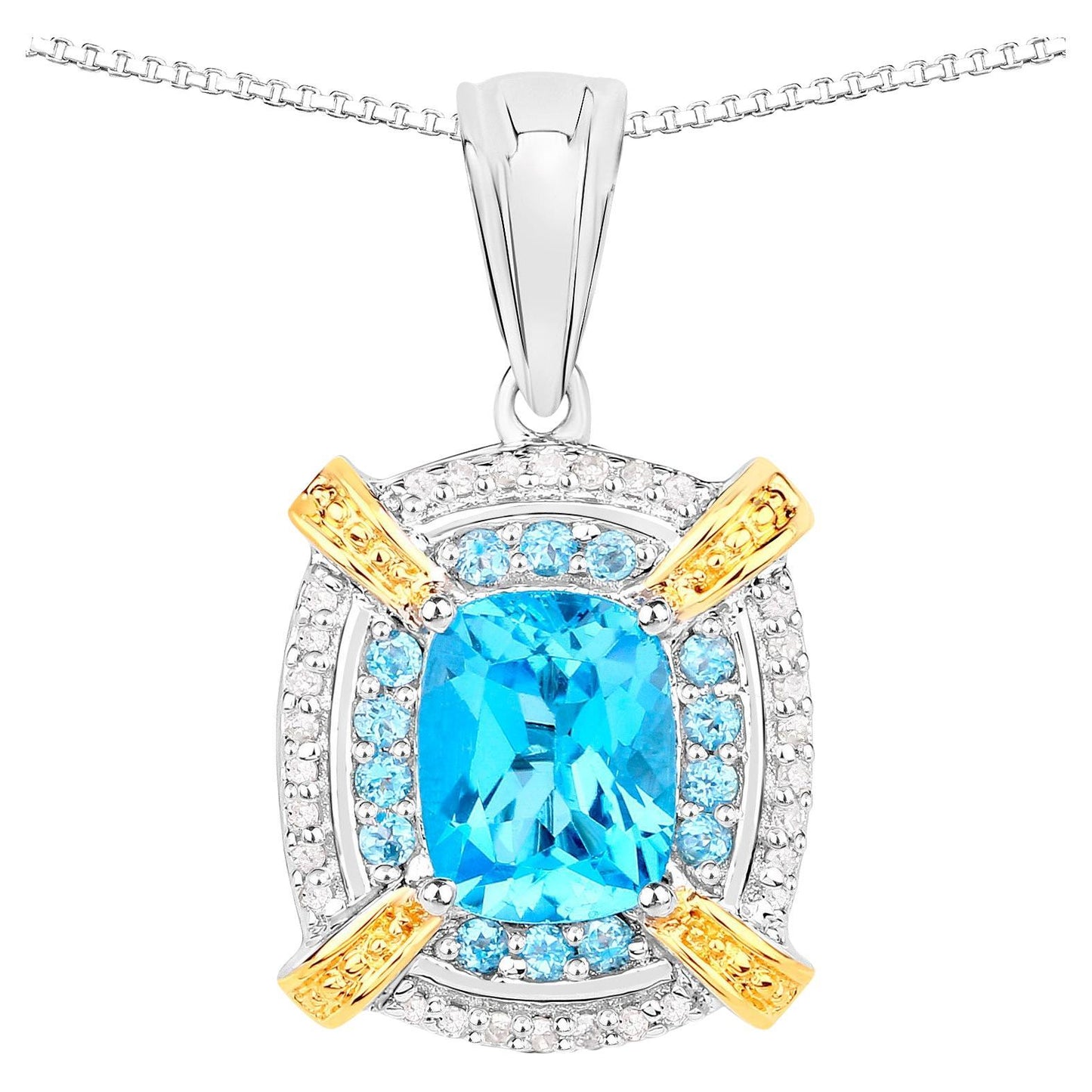 Swiss Blue Topaz Pendant Necklace Diamond Setting 3.85 Carats Sterling Silver