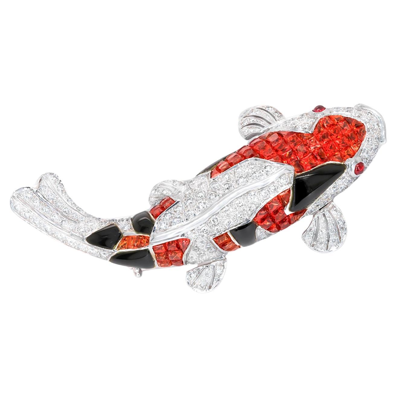 Koi Fish Brooch Sapphires Rubies Diamonds 3.99 Carats 18K White Gold