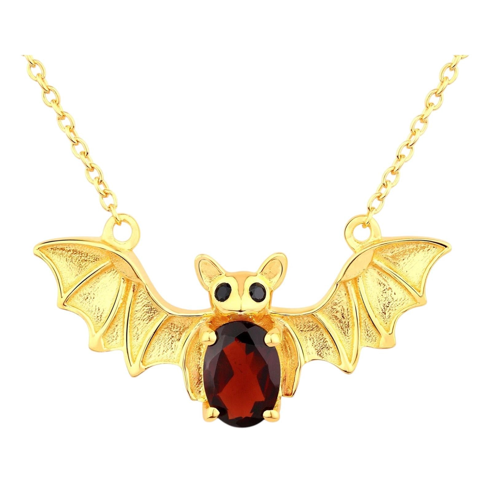 Garnet Bat Necklace With Black Spinel 1.06 Carats Gold Plated Silver