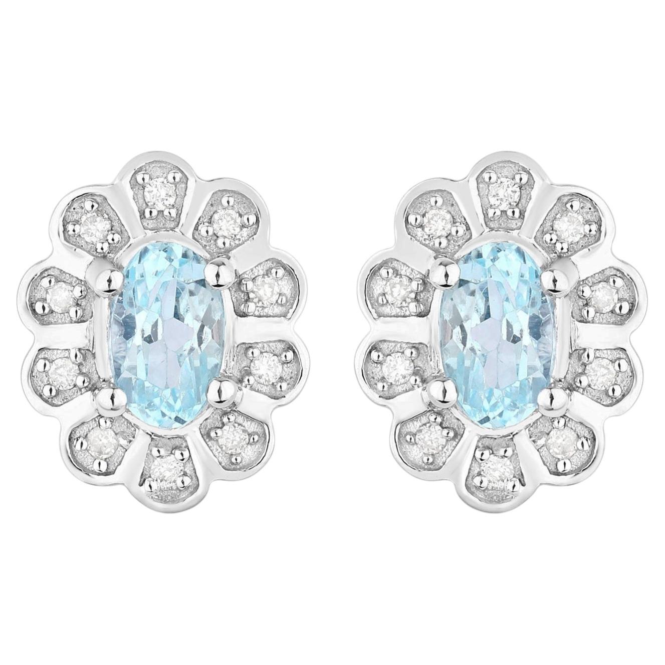 Aquamarine Earrings With Diamonds 0.42 Carats 14K White Gold