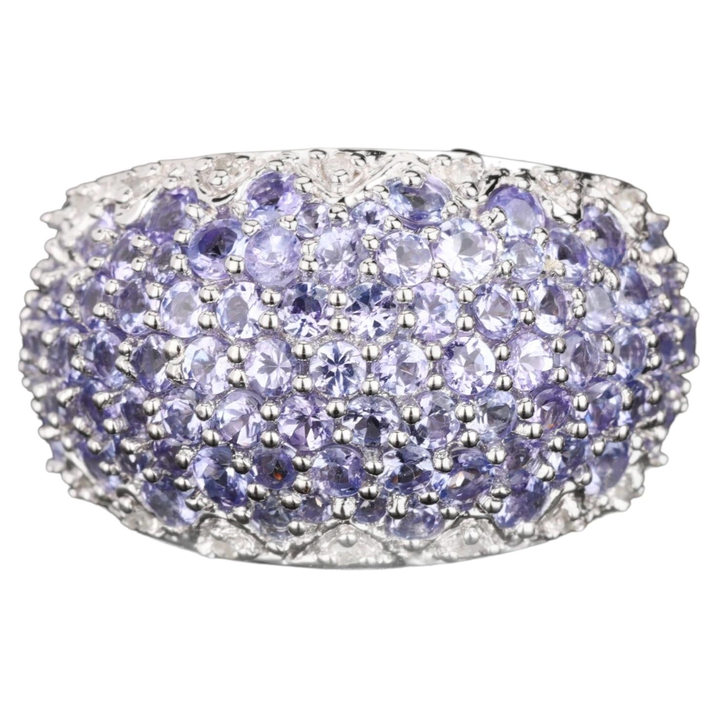 Natural Tanzanite Cluster Ring With Diamonds 3.01 Carats Sterling Silver