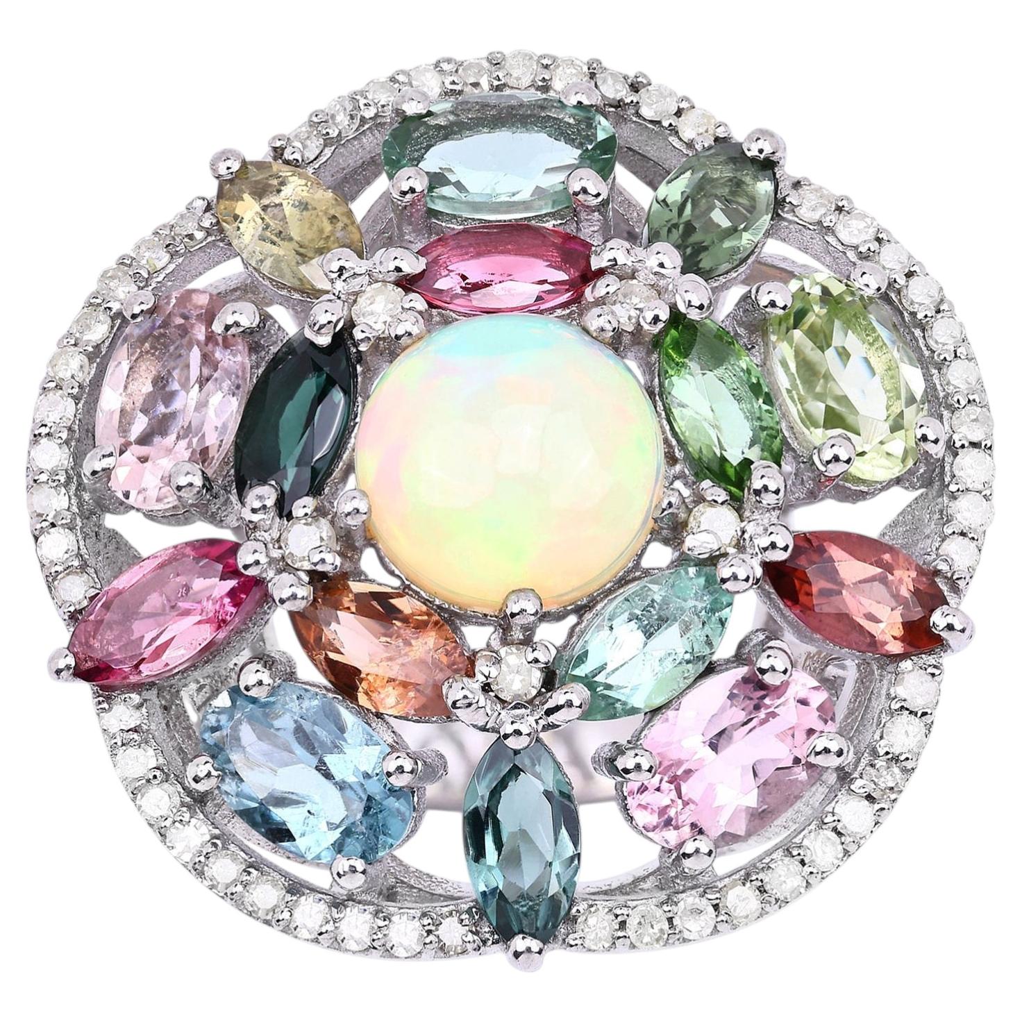 Opal Ring With Multicolor Tourmaline 5.8 Carats Sterling Silver