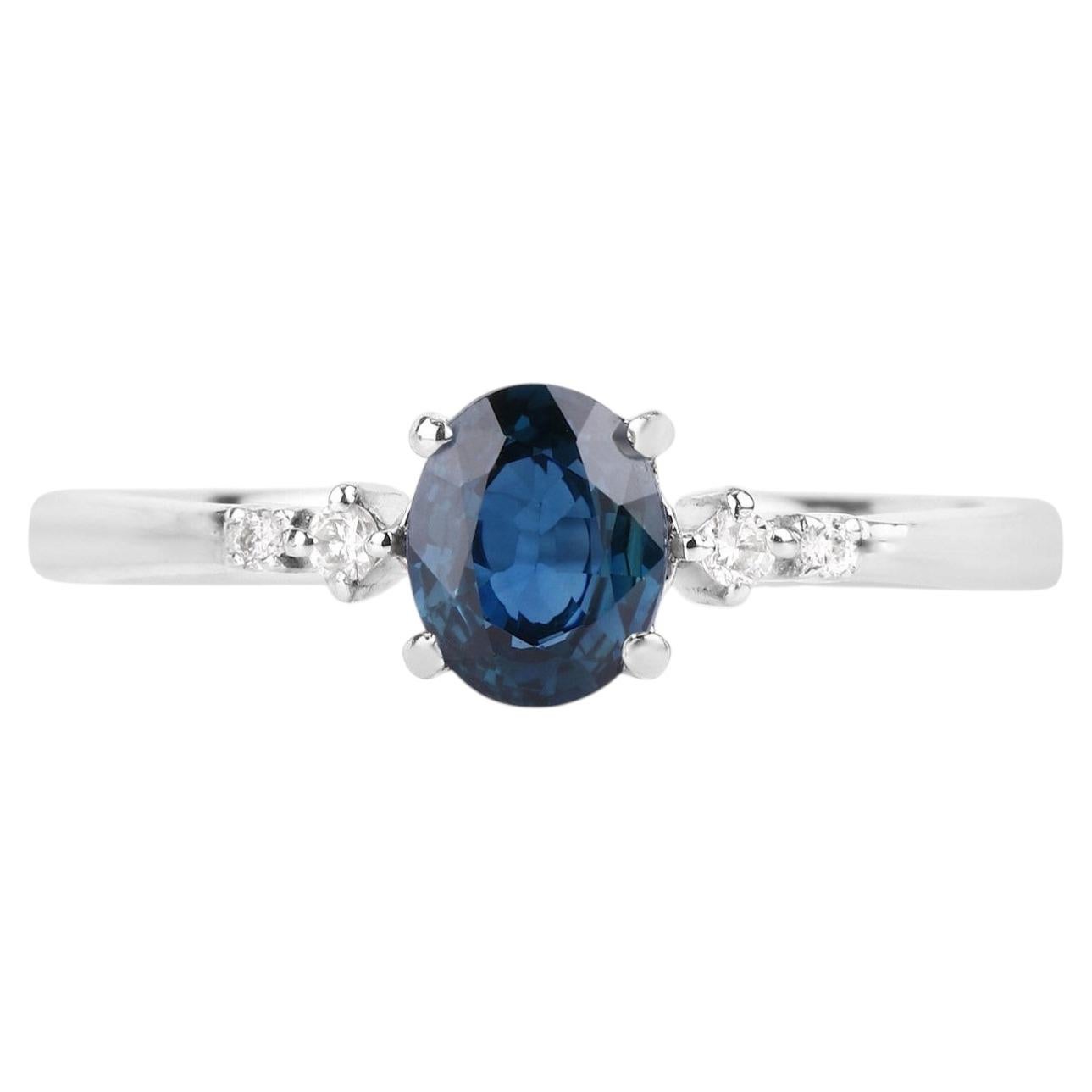 Blue Sapphire Ring With Diamonds 0.81 Carats 14K White Gold