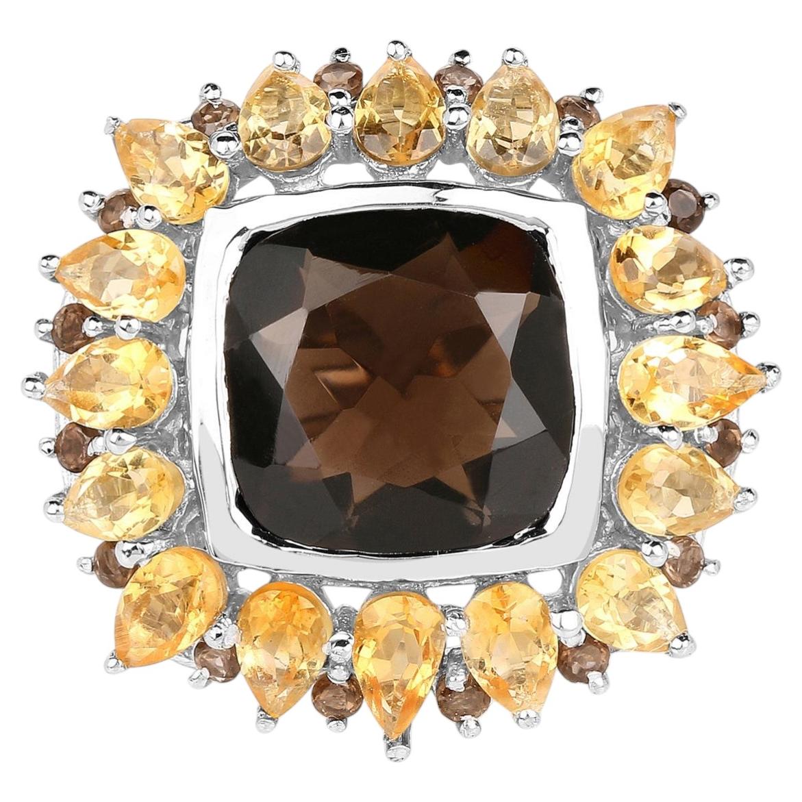 Smoky Quartz Ring With Citrine 9.1 Carats Sterling Silver