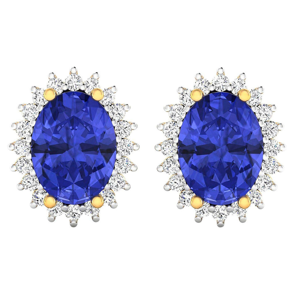 Natural Tanzanite Stud Earrings Diamond Halo 2.60 Carats 14K Yellow Gold