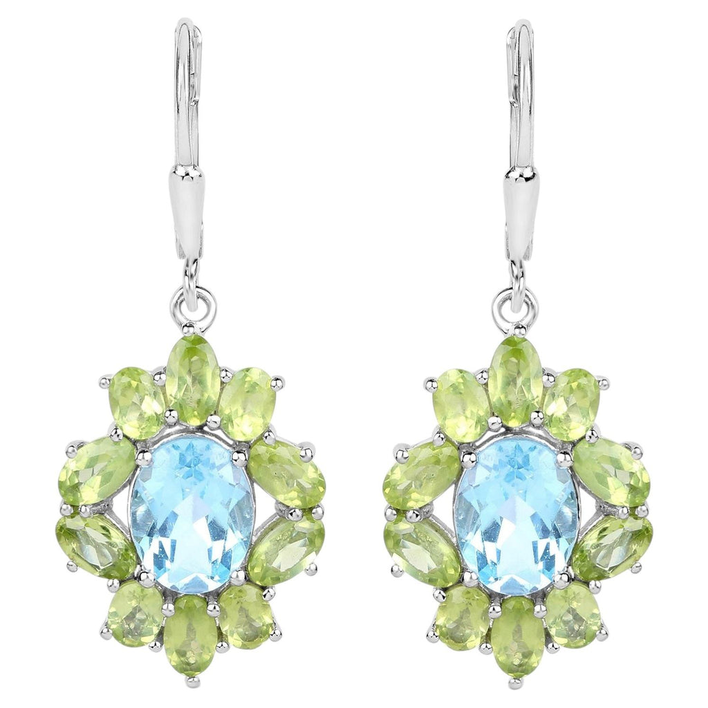 Blue Topaz Earrings With Peridot 8.08 Carats Sterling Silver