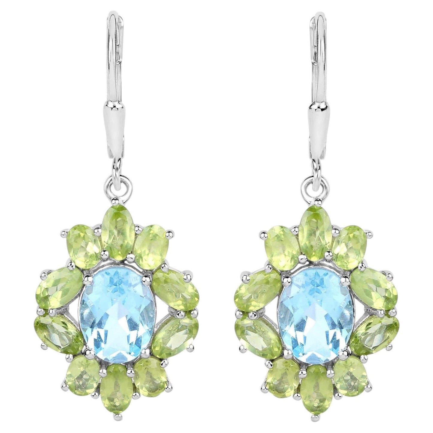 Blue Topaz Earrings With Peridot 8.08 Carats Sterling Silver