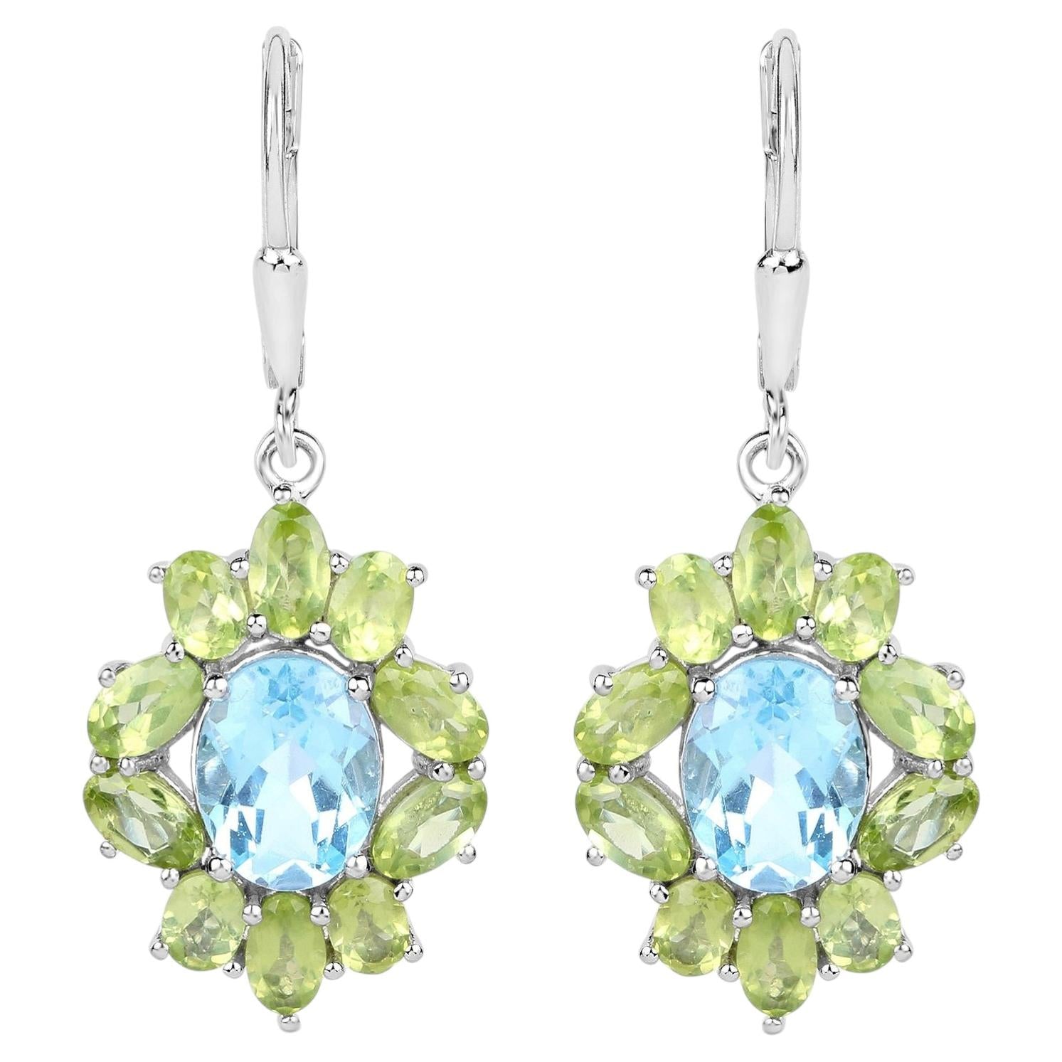 Blue Topaz Earrings With Peridot 8.08 Carats Sterling Silver