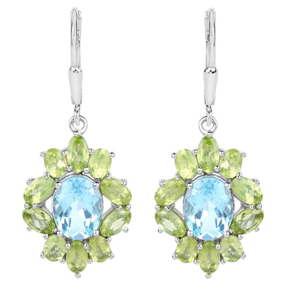 Blue Topaz Earrings With Peridot 8.08 Carats Sterling Silver