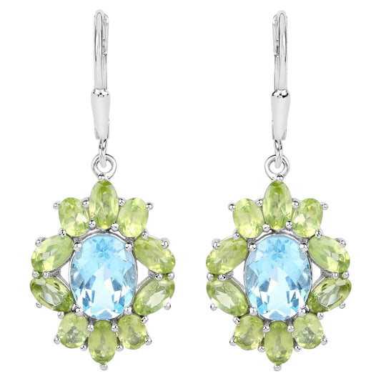 Blue Topaz Earrings With Peridot 8.08 Carats Sterling Silver