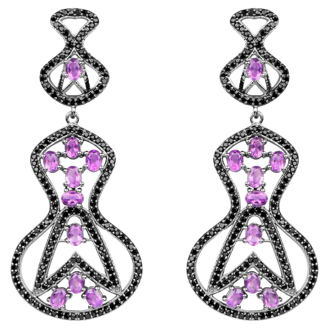 Amethyst Dangle Earrings Black Spinel 5.2 Carats Sterling Silver