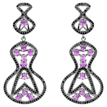 Amethyst Dangle Earrings Black Spinel 5.2 Carats Sterling Silver