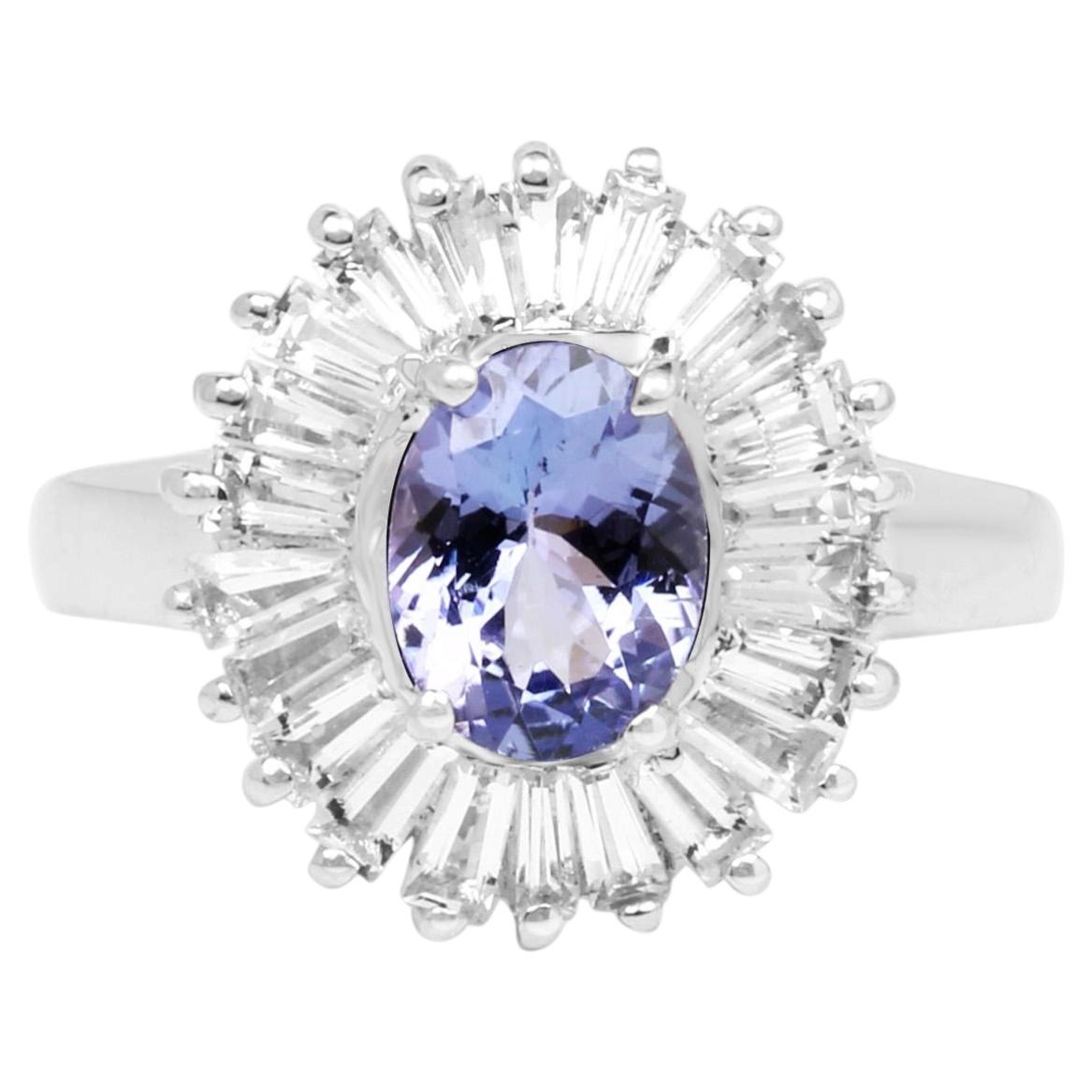 Tanzanite Ring With White Topaz Halo 2.44 Carats Sterling Silver