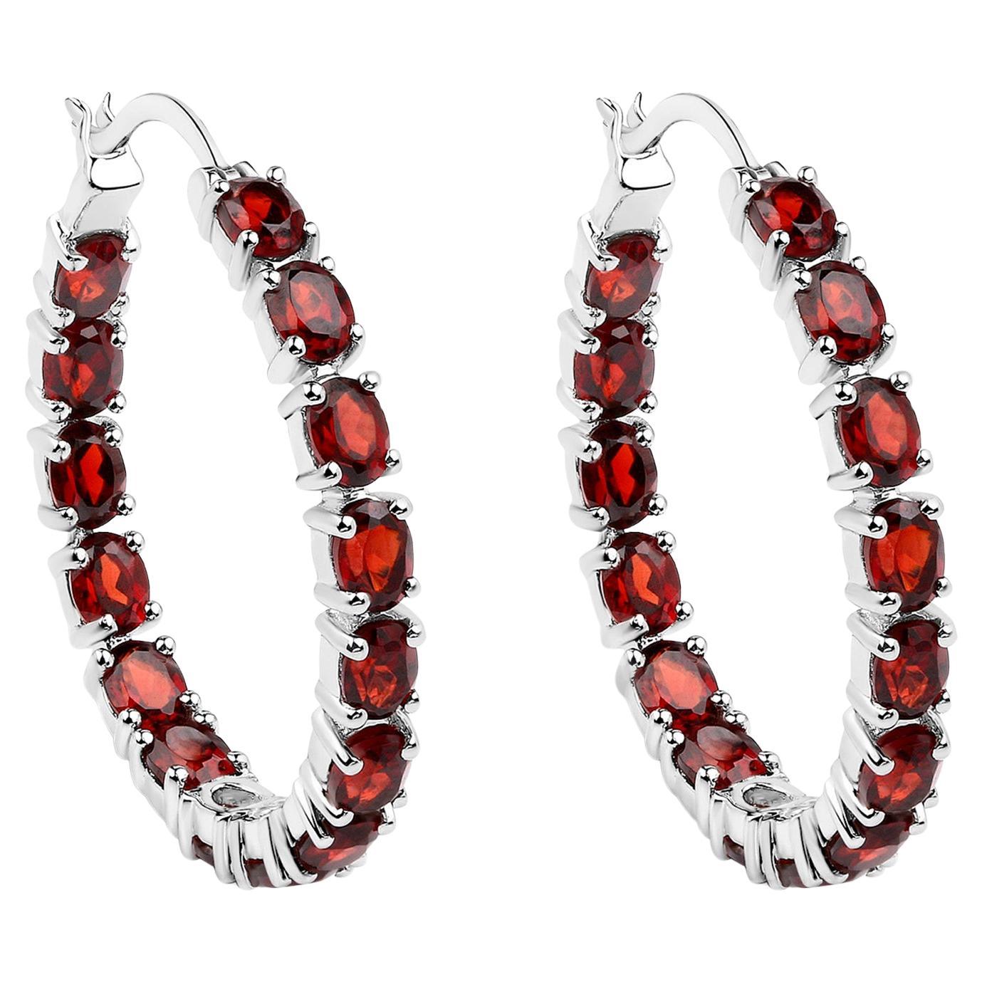 Garnet Hoop Earrings 6 Carats Sterling Silver