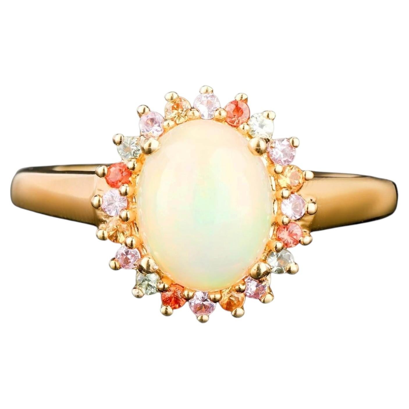 Opal Ring With Mixed Sapphire Halo 2.25 Carats Gold Plated Silver