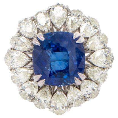 Important Blue Sapphire Ring With Pear Diamond Halo 9.85 Carats 18K Gold