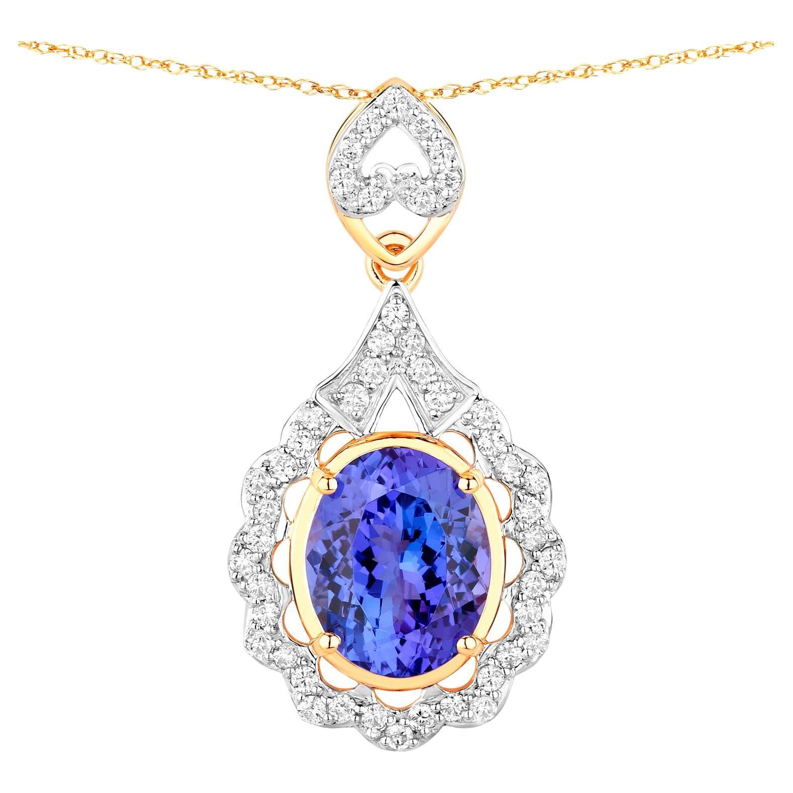 Tanzanite Pendant Necklace Diamonds 4.38 Carats 14K Yellow Gold