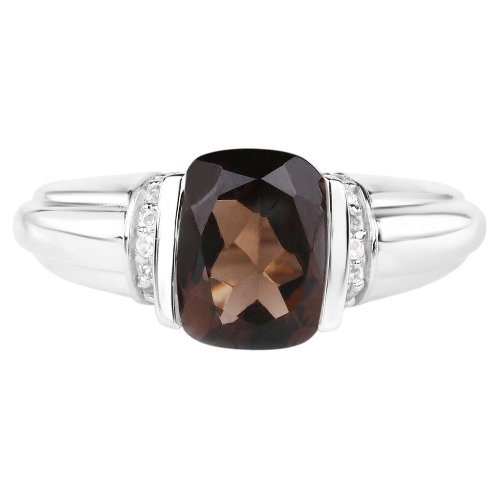 Smoky Quartz Ring With White Topaz 2 Carats Sterling Silver