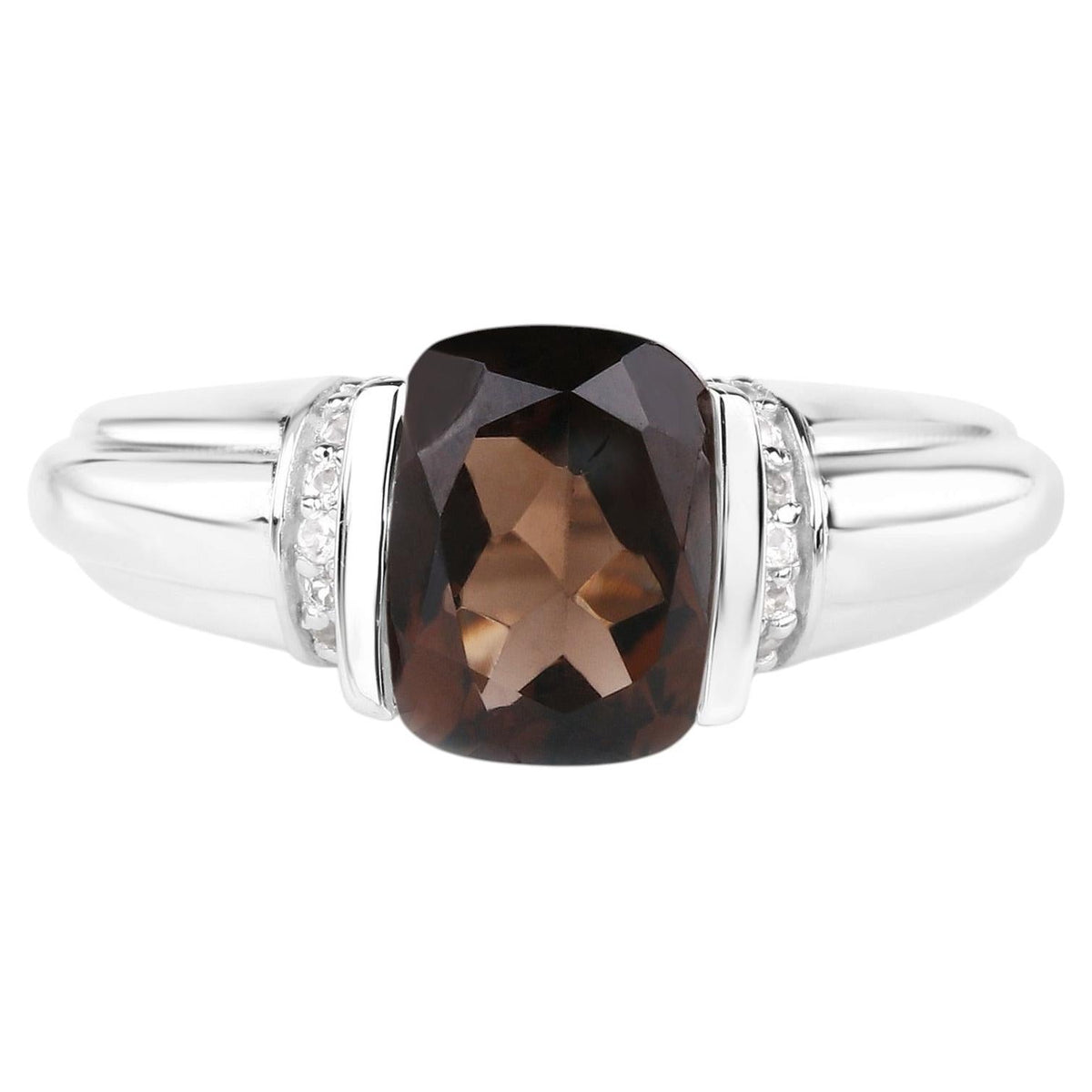 Smoky Quartz Ring With White Topaz 2 Carats Sterling Silver