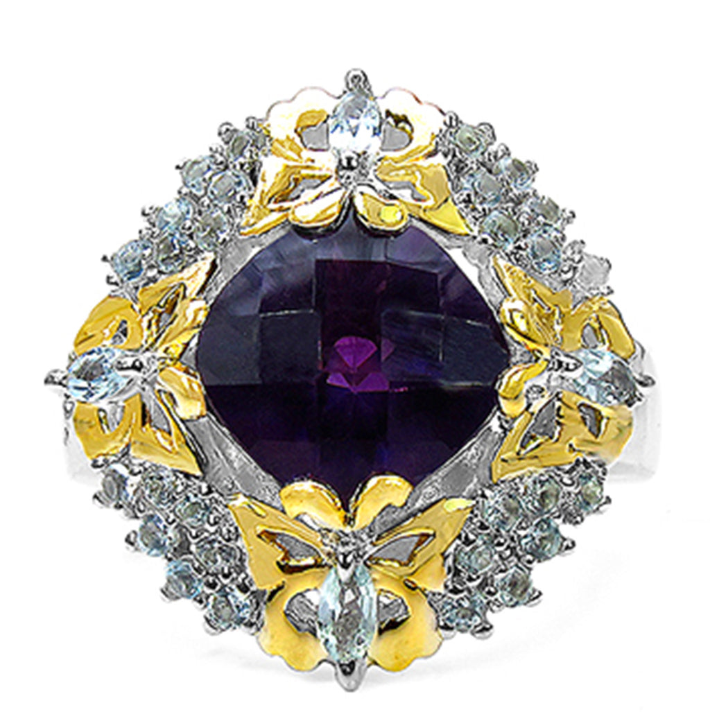 Amethyst Butterfly Ring With Blue Topaz and Diamonds 3.85 Carats Sterling Silver